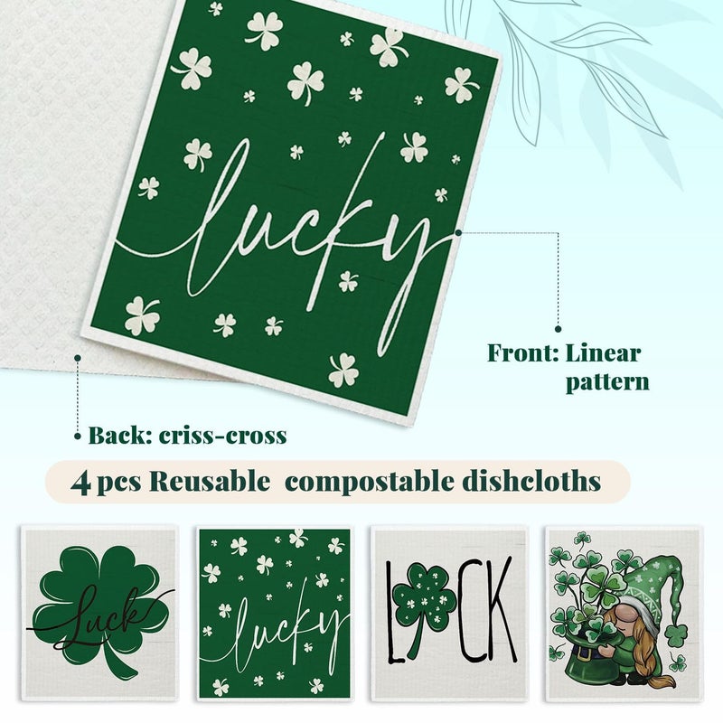 LARTSFRO Lucky Wishes Swedish Dishcloths for Kitchen, Green Swedish Dish Cloths for Four-Leaf Clover, 4 Pack Dish Towels for Kitchen, Papaya Reusable Paper Towels Washable - Image 3